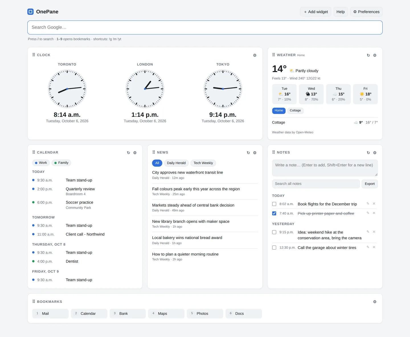 OnePane start page with weather, calendar, clocks, news and notes
