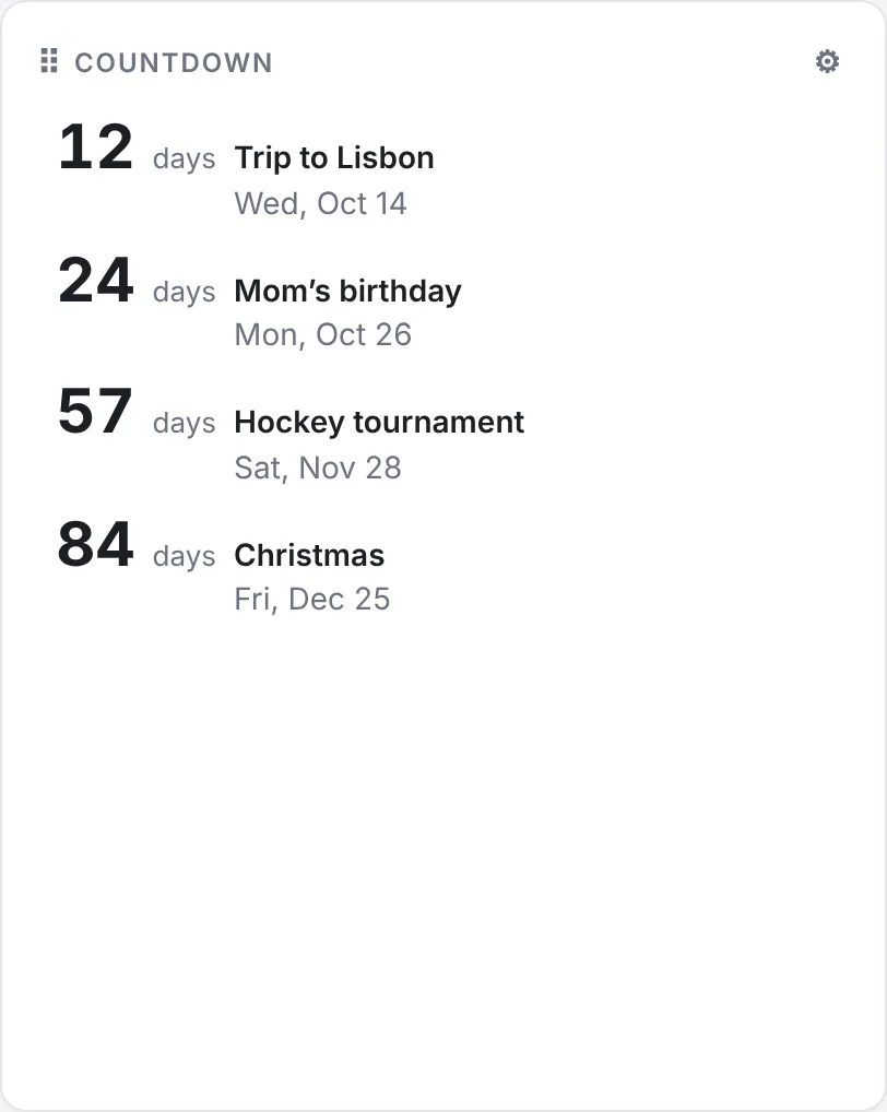 OnePane Countdown widget with days left to a trip, a birthday and Christmas