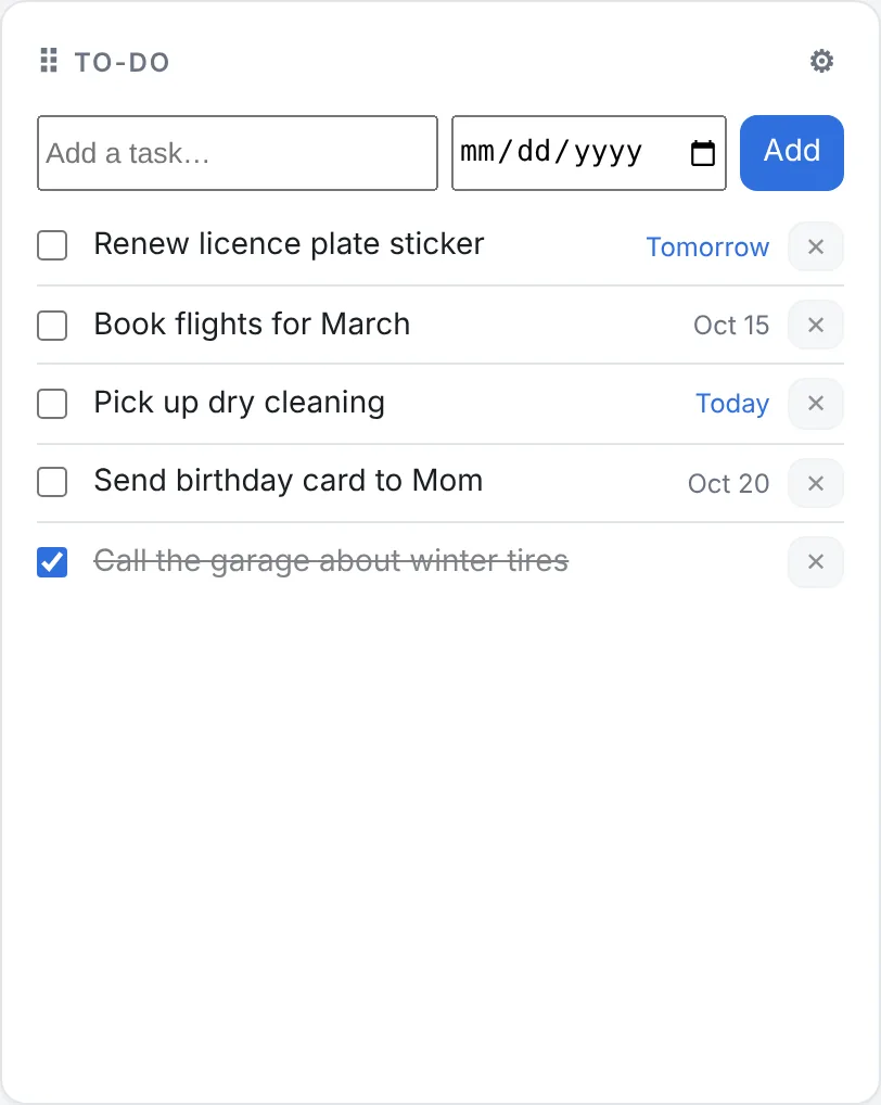 OnePane To-do widget with due dates, one task ticked off