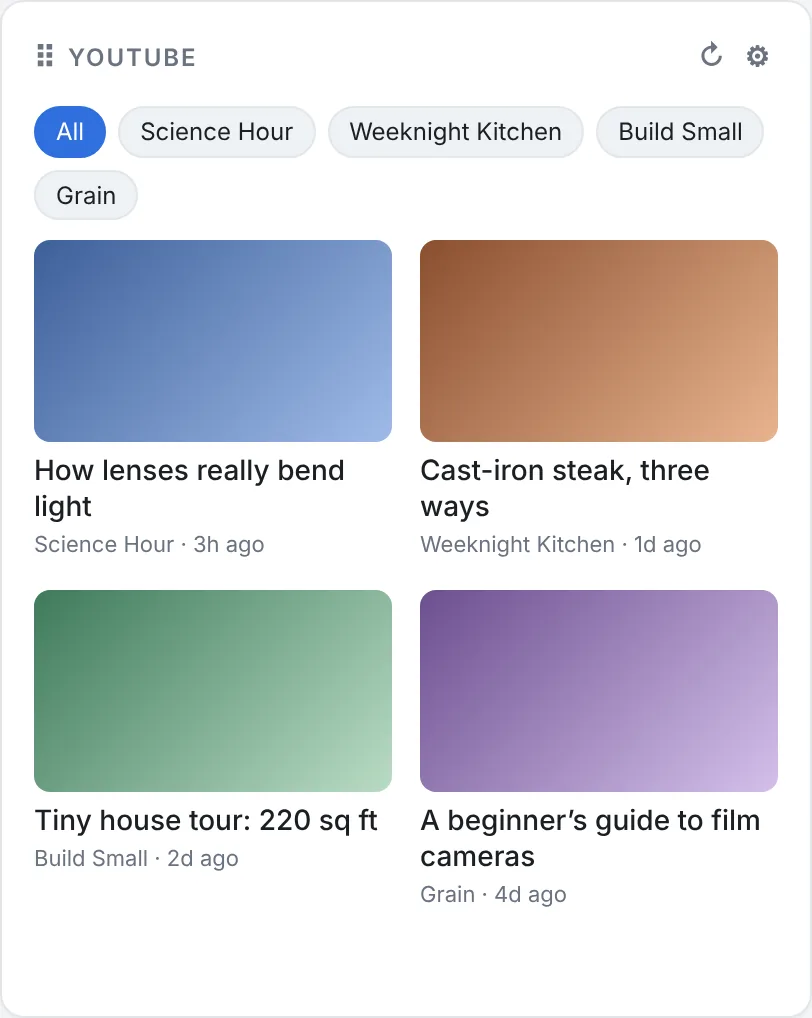 OnePane YouTube widget showing the newest videos from four channels