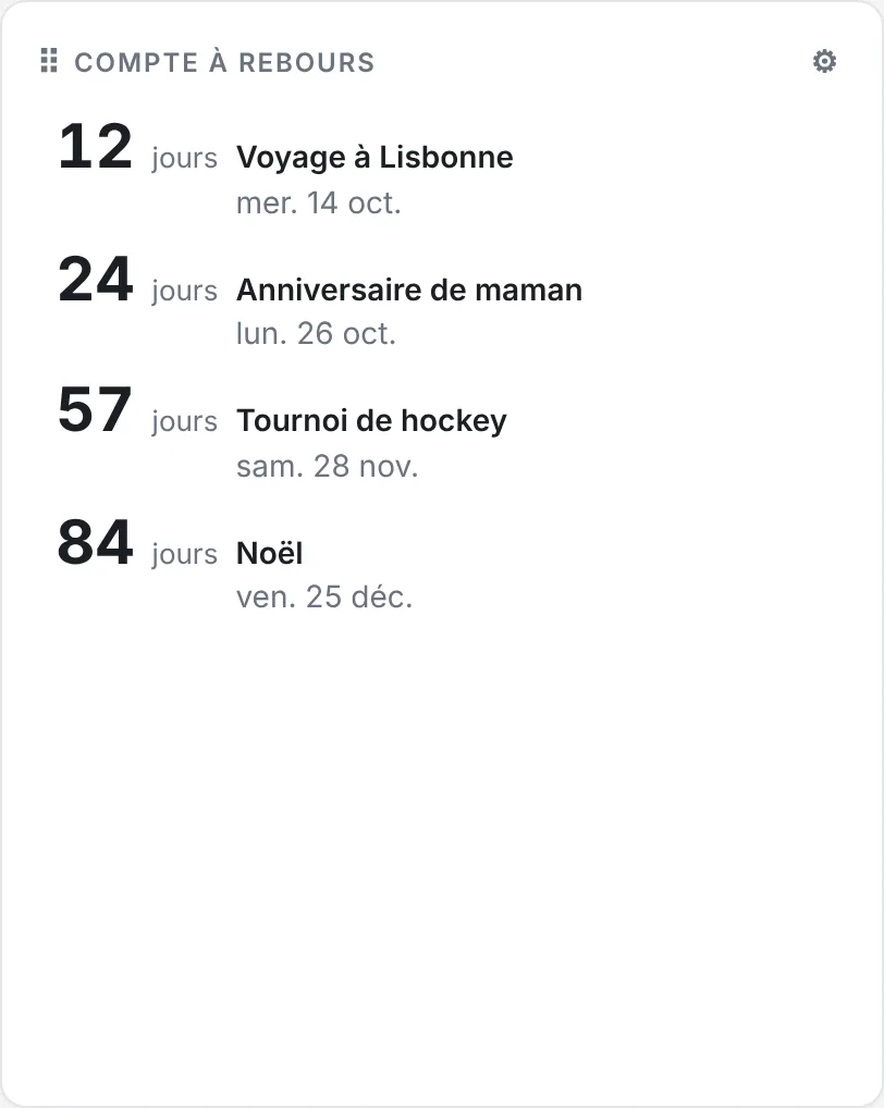 Module Compte à rebours de OnePane avec les jours restants avant un voyage, un anniversaire et Noël