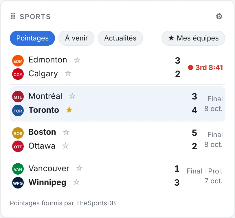 Module Sports de OnePane avec un match de la LNH en direct, des pointages finaux et une équipe suivie mise en évidence