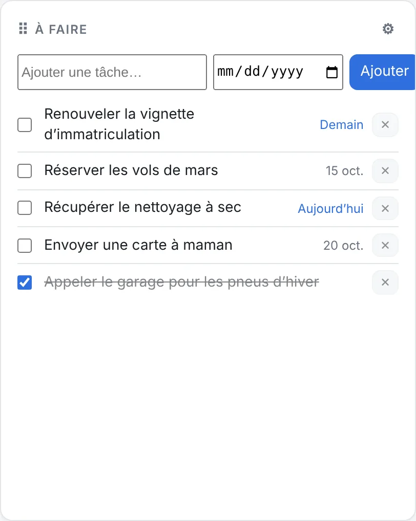Module Tâches de OnePane avec échéances, une tâche cochée