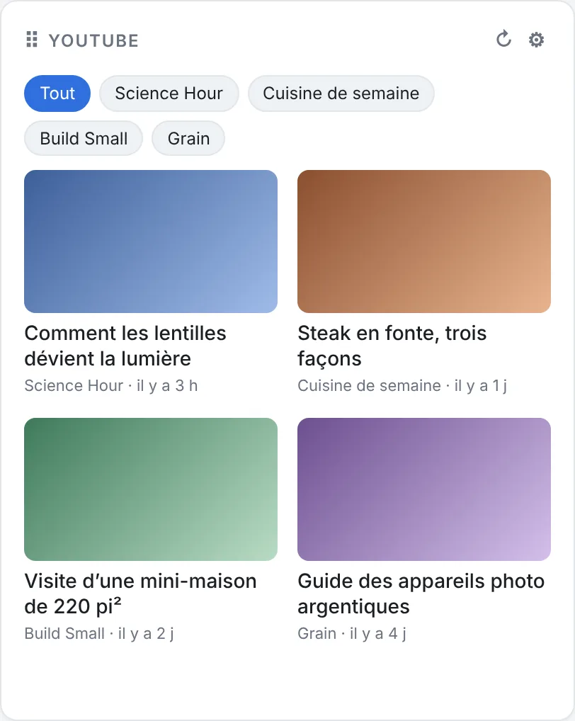 Module YouTube de OnePane affichant les plus récentes vidéos de quatre chaînes